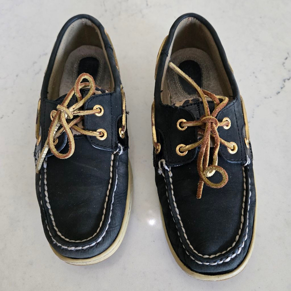 Women's Sperry Black and Leopard Print Leather Boat Shoes Size 7.5 - Picture 1 of 13